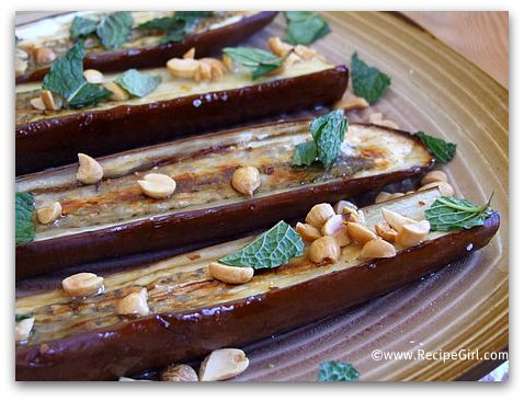 Roasted Eggplant with Chiles, Peanuts, and Mint