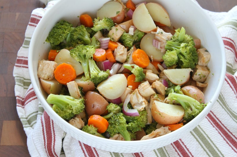 Broccoli and Chicken Salad in a white bowl