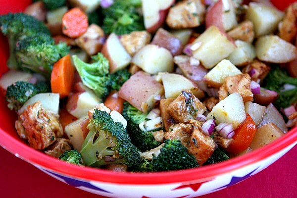 Broccoli and Chicken Salad with Lemon Dressing in a bowl