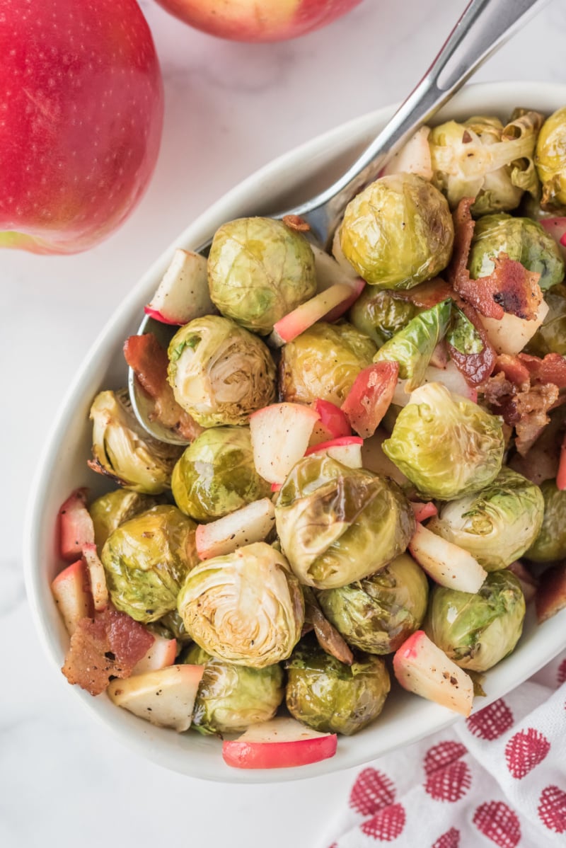 brussels sprouts with bacon and apple in dish