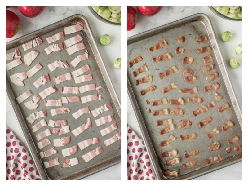 two photos showing bacon and then roasted bacon on sheet pan