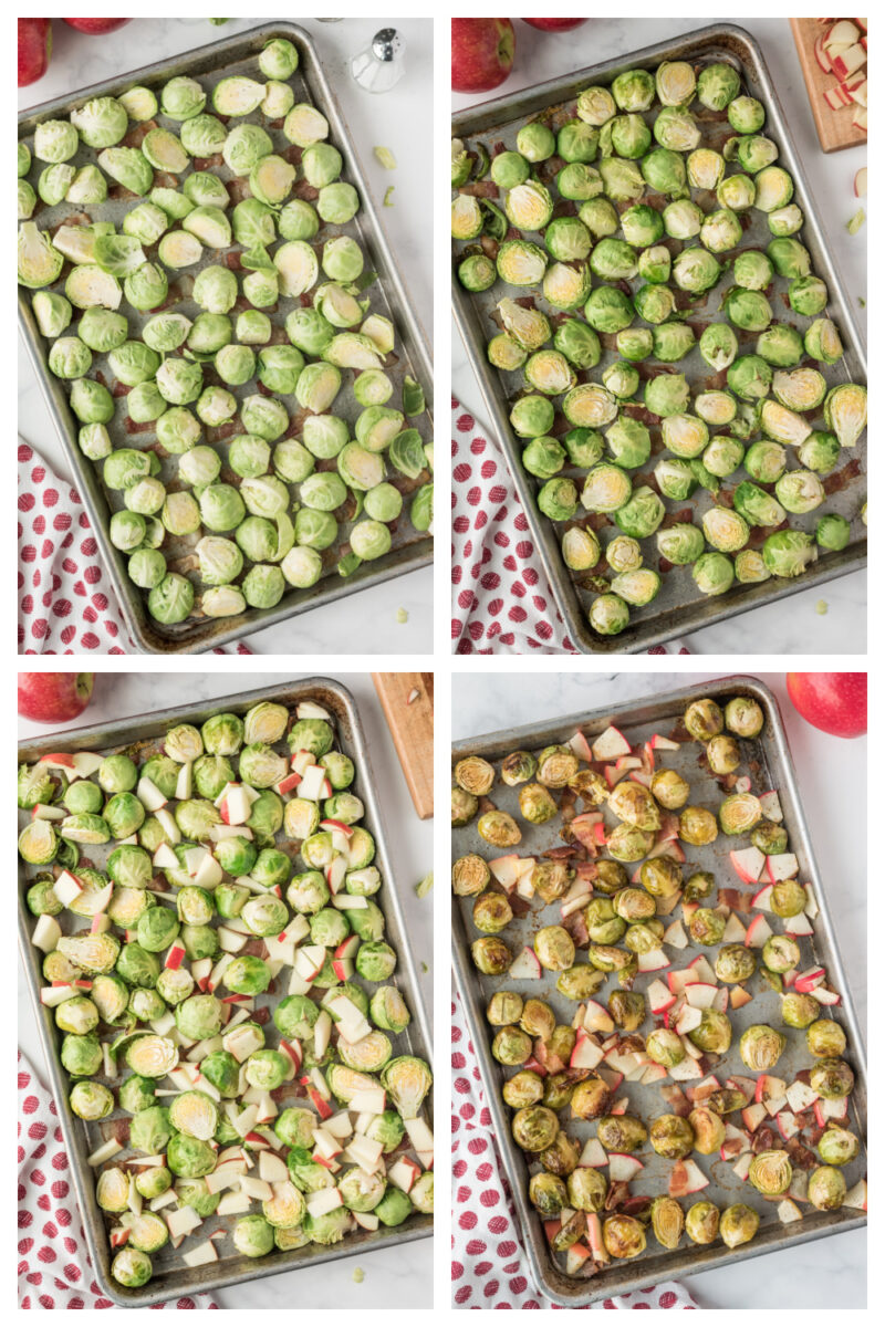 four photos showing process of roasting brussels sprouts in sheet pan