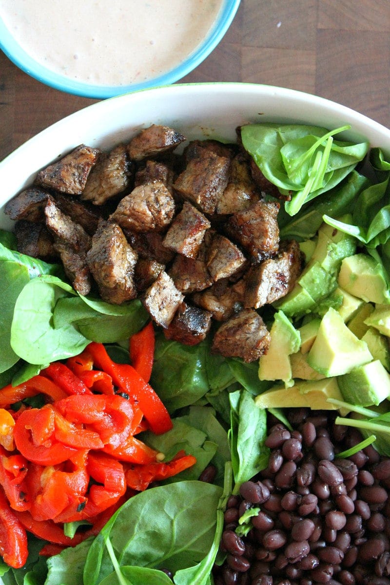 Blackened Steak Salad ingredients in bowl