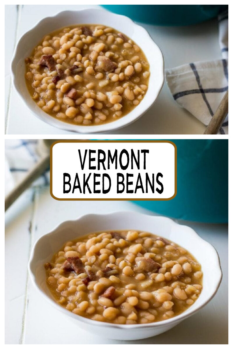 Vermont Baked Beans recipe from RecipeGirl.com #vermont #baked #beans #recipe #RecipeGirl pinterest collage image for vermont baked beans