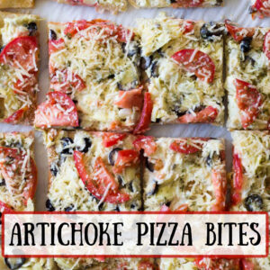 pinterest image for artichoke pizza bites