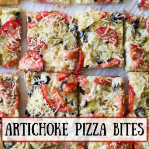 pinterest image for artichoke pizza bites