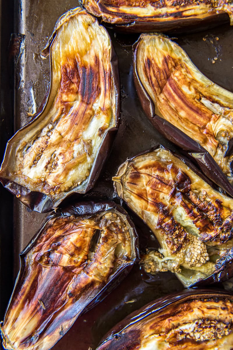 Grilled Eggplant on a pan cut in half