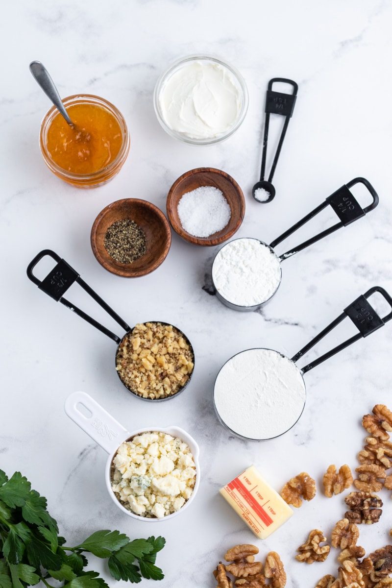 ingredient displayed for making blue cheese and walnut shortbread