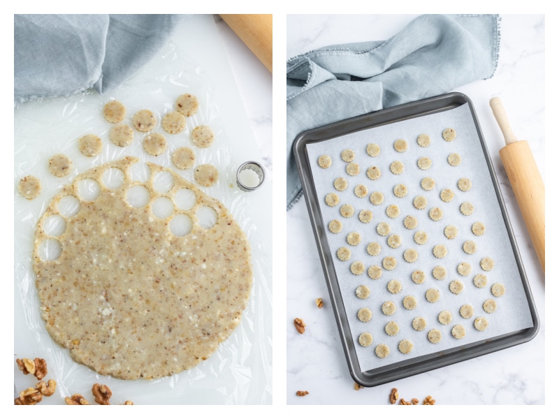 two photos showing making blue cheese and walnut shortbread dough