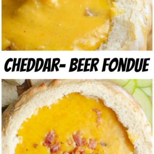 pinterest collage image for cheddar beer fondue