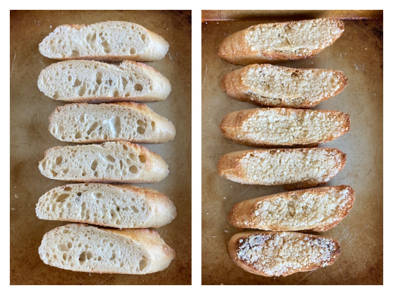 Cheese Crostini with Prosciutto recipe from RecipeGirl.com #cheese #prosciutto #crostini #appetizer #recipe #RecipeGirl two photos showing sliced baguette and then toasted with cheese