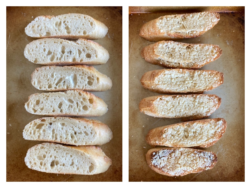 two photos showing sliced baguette and then toasted with cheese