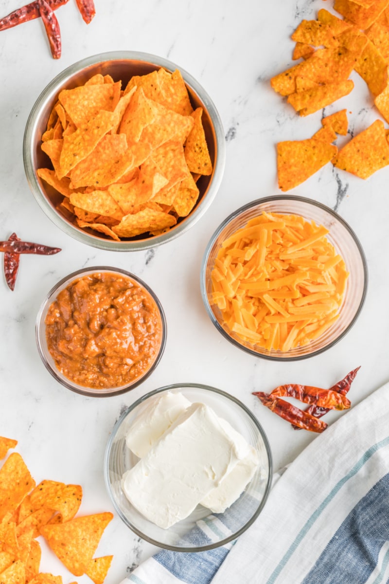 ingredients displayed for making chili cheese dip