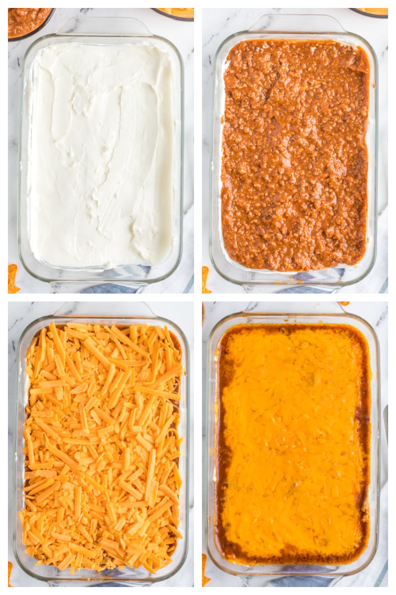 four photos showing how to assemble chili cheese dip