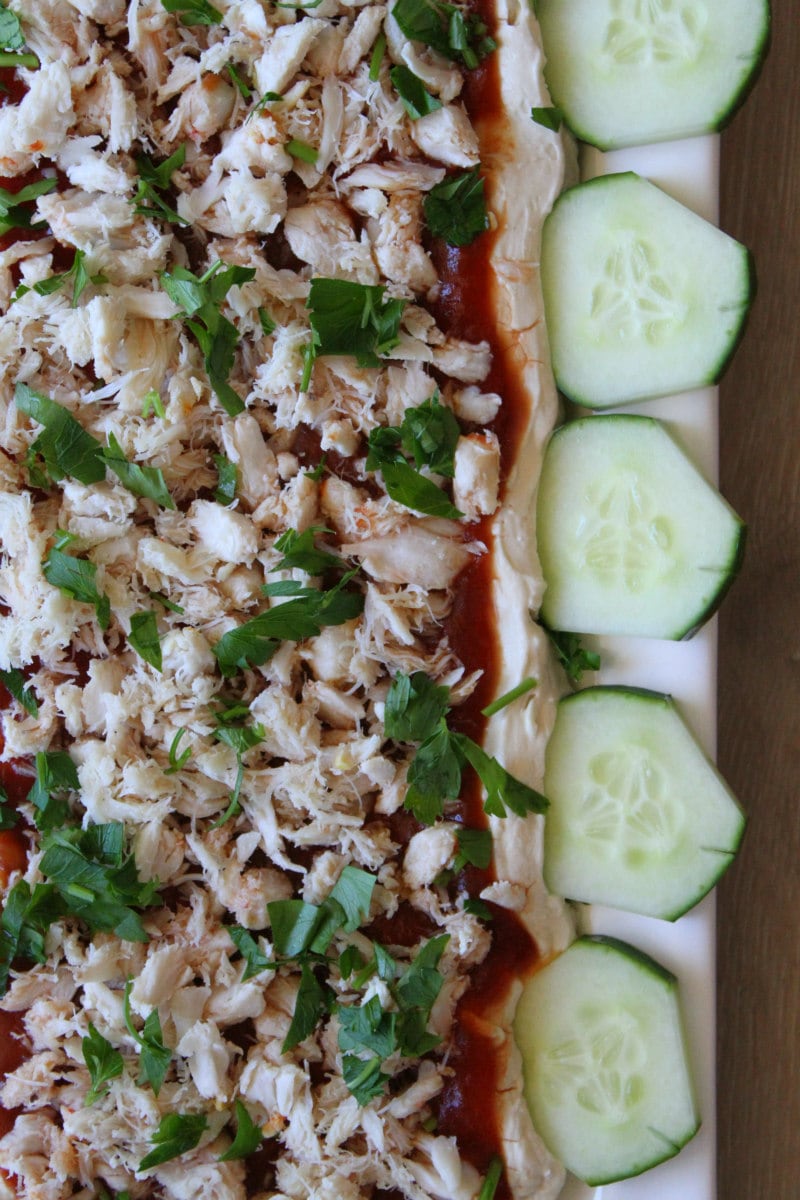 Crab spread appetizer recipe from RecipeGirl.com #crab #spread #appetizer #dip #party #entertaining #recipe #RecipeGirl Overhead shot of Crab Spread served with cucumbers