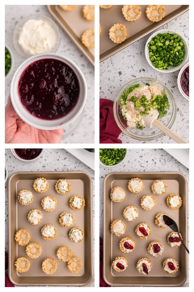 four photos showing how to make cranberry crab phyllo cups