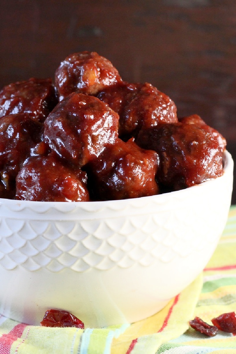 cranberry meatballs in a white bowl