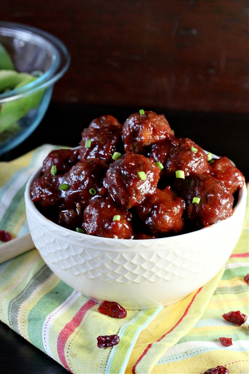 cranberry meatballs in a white bowl