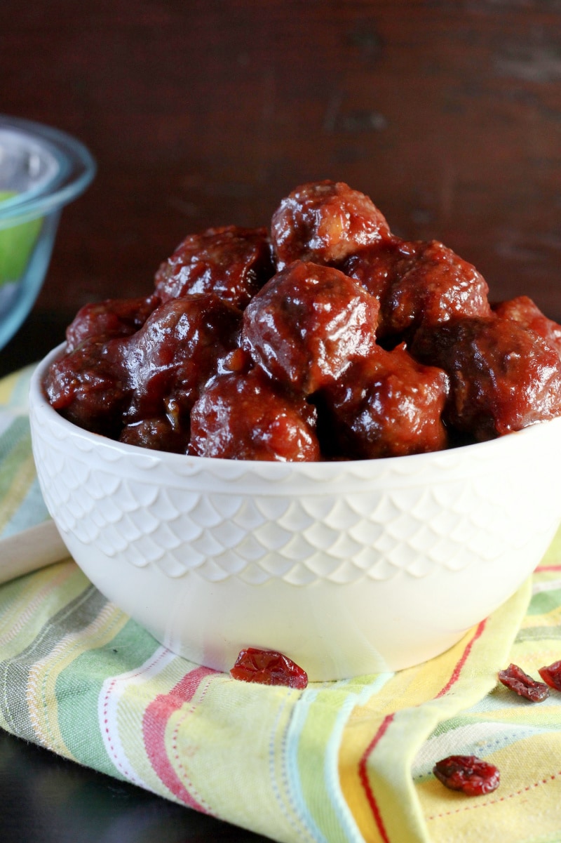 cranberry meatballs in a white bowl