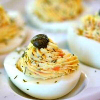Smoked Salmon Deviled Eggs on a display platter