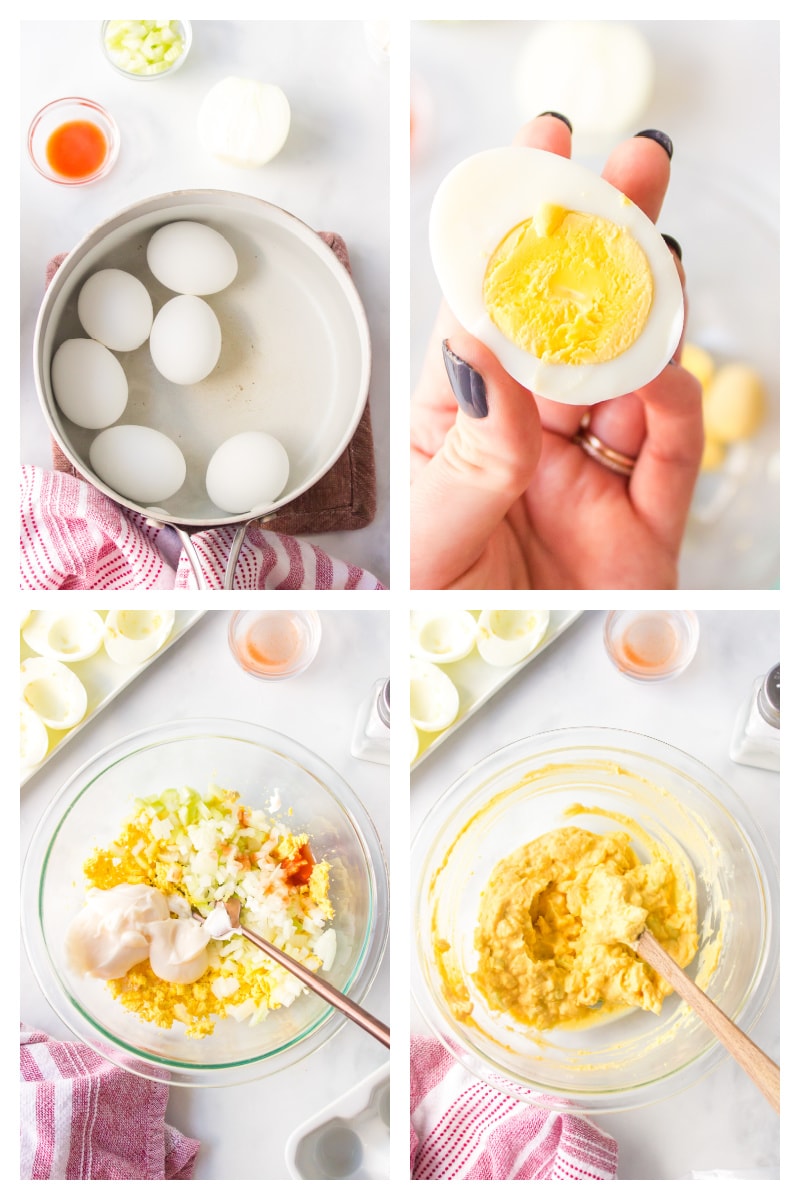 four photos showing how to make filling for deviled eggs