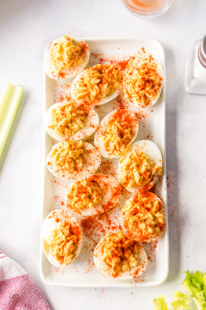 several deviled eggs on a platter