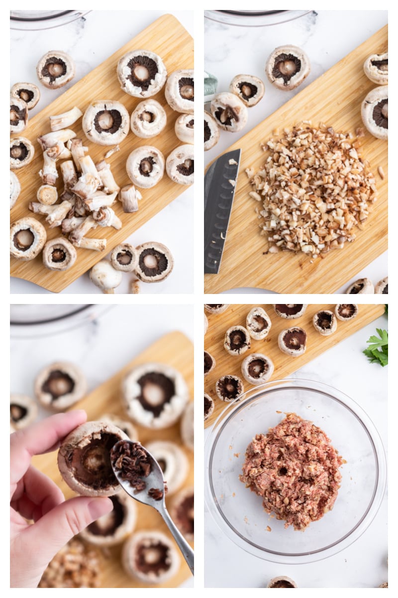 four photos showing how to clean up mushrooms for stuffing with sausage