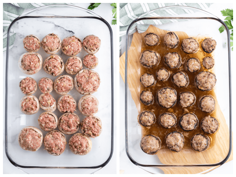 two photos showing stuffed mushrooms in pan and then baked