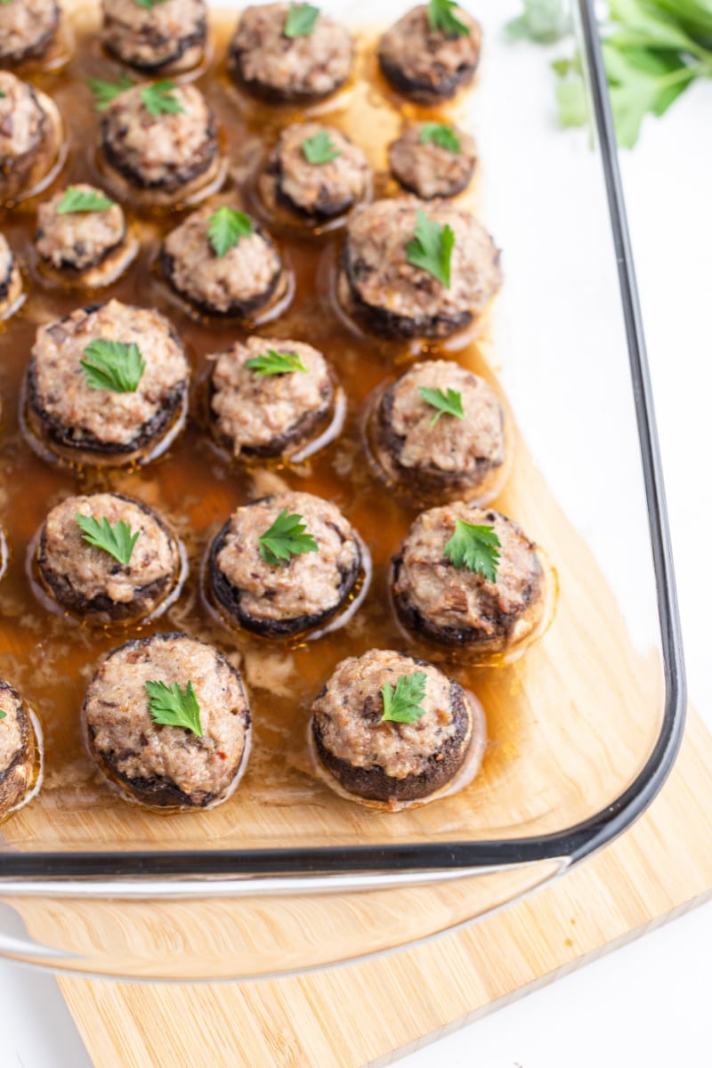 stuffed mushrooms in a baking dish