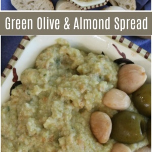 Pinterest collage image for green olive and almond spread