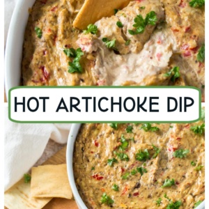 pinterest collage image for hot artichoke dip