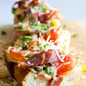 pinterest image for loaded bruschetta