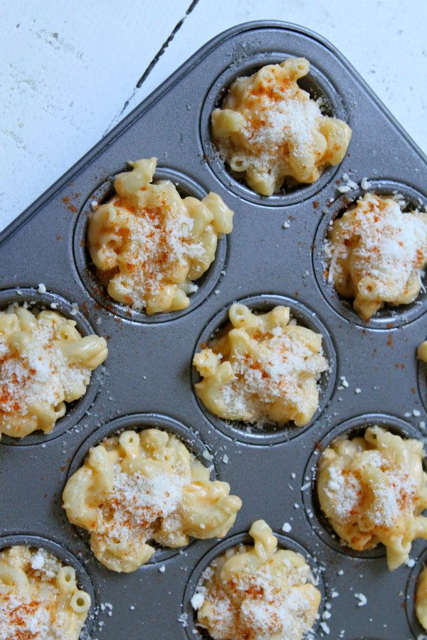 Mini Macaroni and Cheese Appetizers in a mini muffin tin ready for the oven