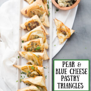 pinterest image for pear and blue cheese pastry triangles