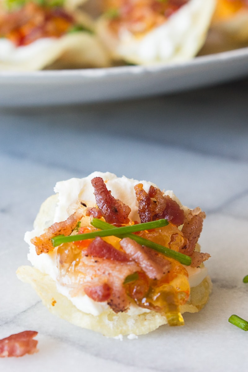 potato chips with goat cheese pepper jelly and bacon