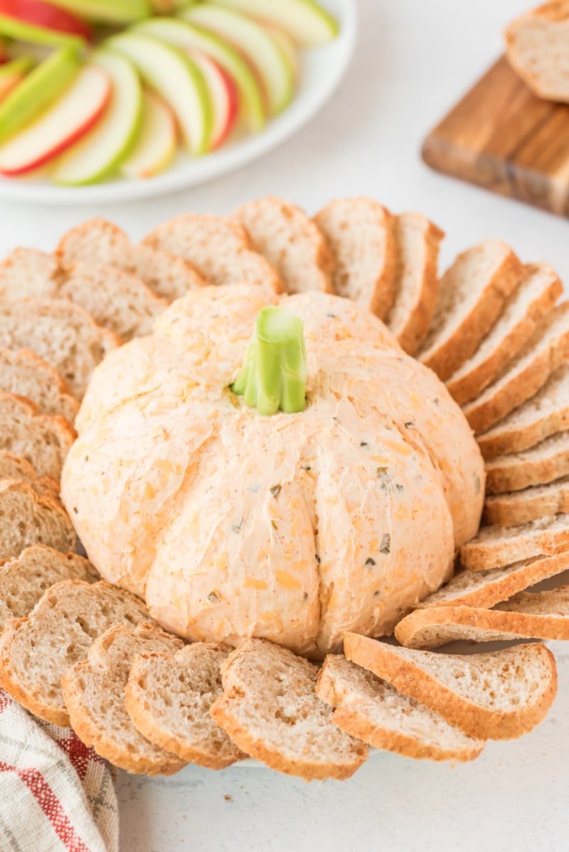 pumpkin cheese dip with baguette and apple