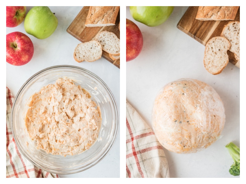 pumpkin cheese spread in bowl and 2nd pic formed into round ball