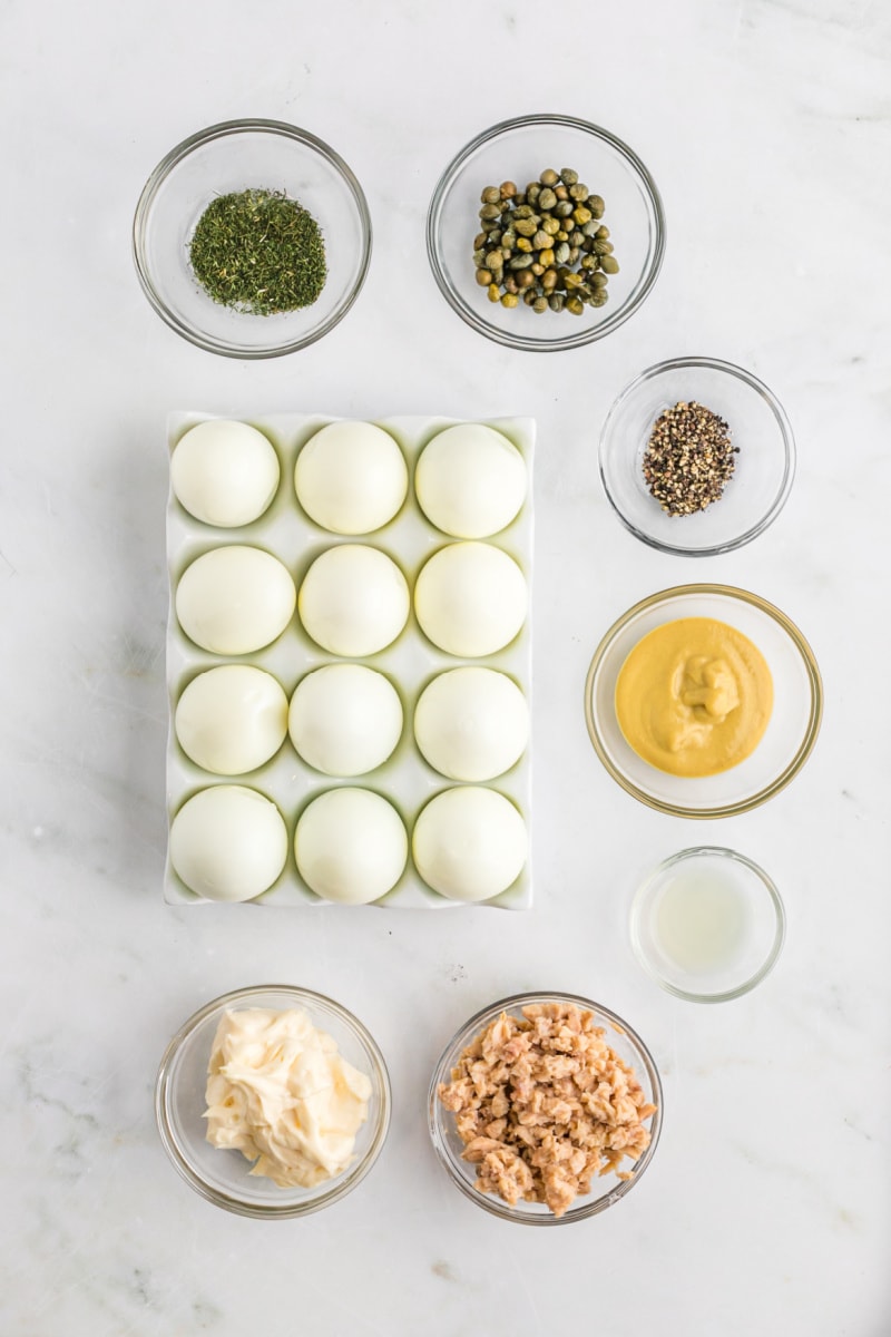 ingredients displayed for making smoked salmon deviled eggs