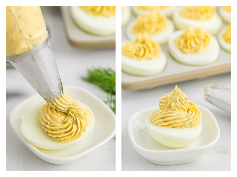 two photos showing making smoked salmon deviled eggs