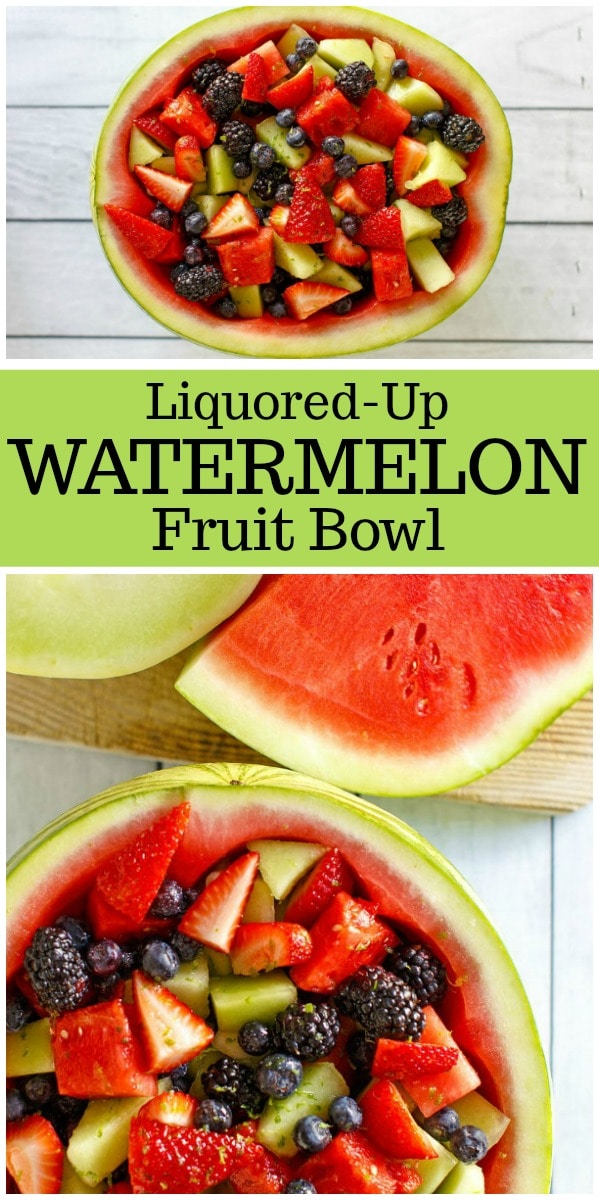 Liquored Up Watermelon Fruit Bowl : a watermelon bowl filled with rum, vodka, lime and simple syrup! #recipe from RecipeGirl.com