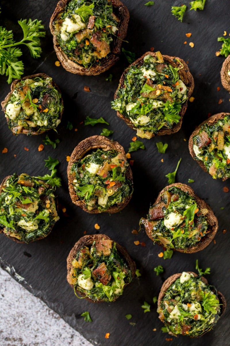 Roasted Mushrooms stuffed with feta, spinach and bacon recipe from RecipeGirl.com #roasted #stuffed #mushrooms #feta #spinach #bacon #recipe #RecipeGirl stuffed mushrooms