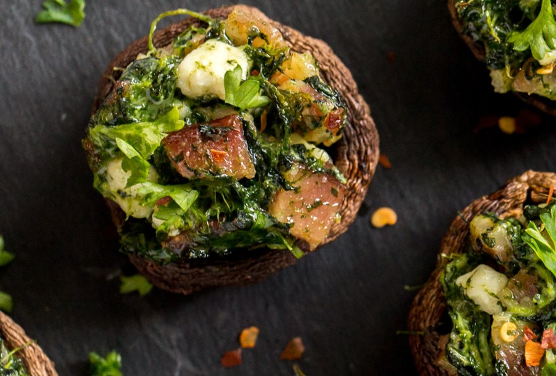 Roasted Mushrooms stuffed with feta, spinach and bacon recipe from RecipeGirl.com #roasted #stuffed #mushrooms #feta #spinach #bacon #recipe #RecipeGirl stuffed mushroom
