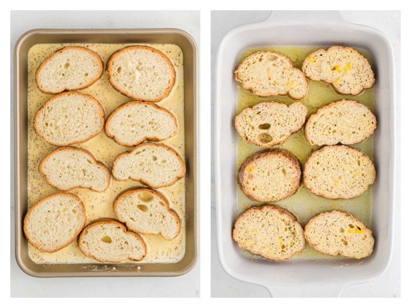 two photos showing french toast soaking in pan