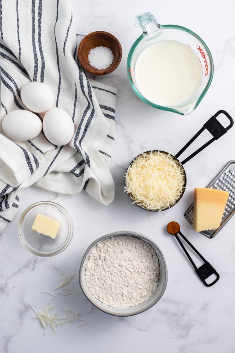 ingredients displayed for making cheese popovers