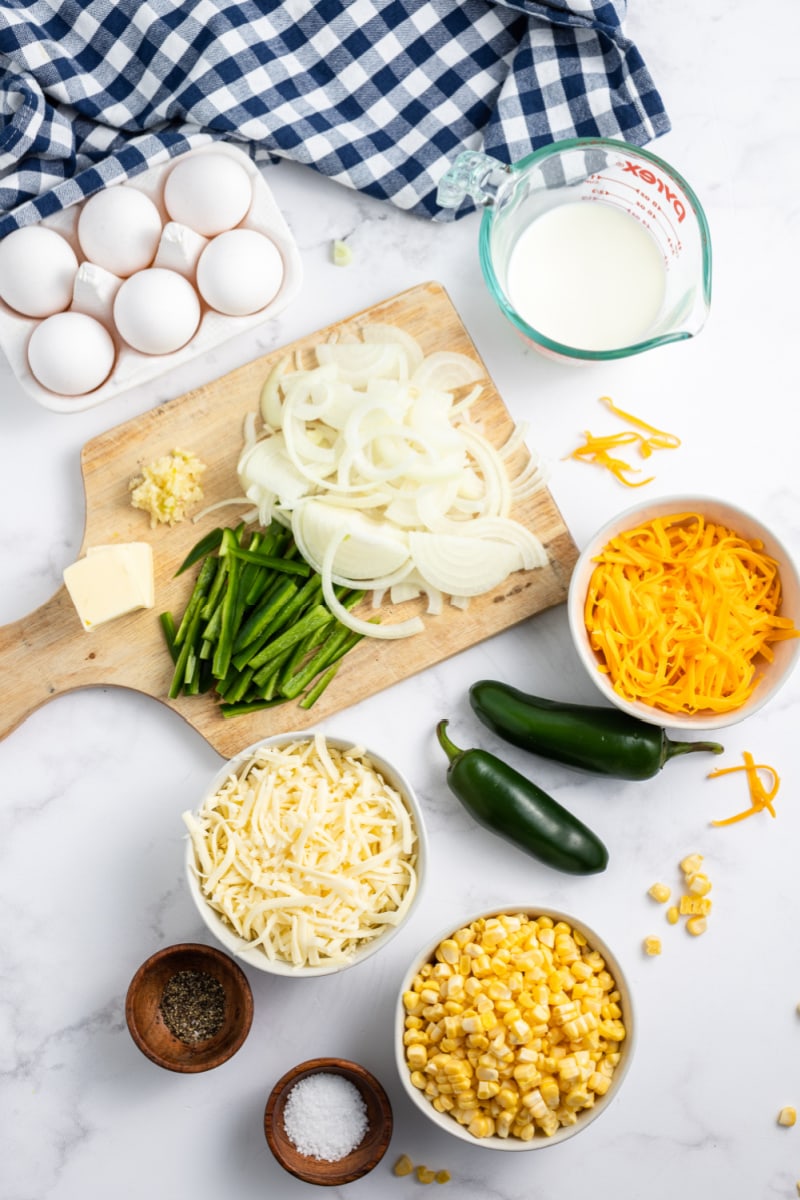 ingredients displayed for making cheese souffle with corn and jalapenos