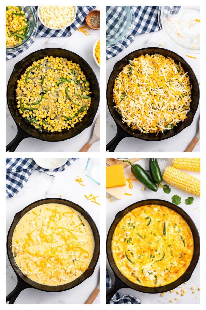 four photos showing process of making cheese souffle with corn and jalapenos