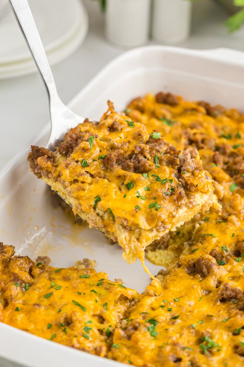 spatula taking out slice of breakfast casserole