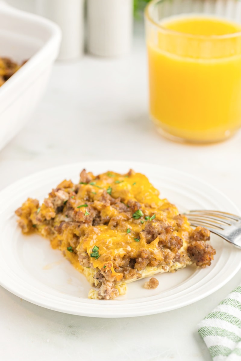slice of sausage breakfast casserole on a white plate