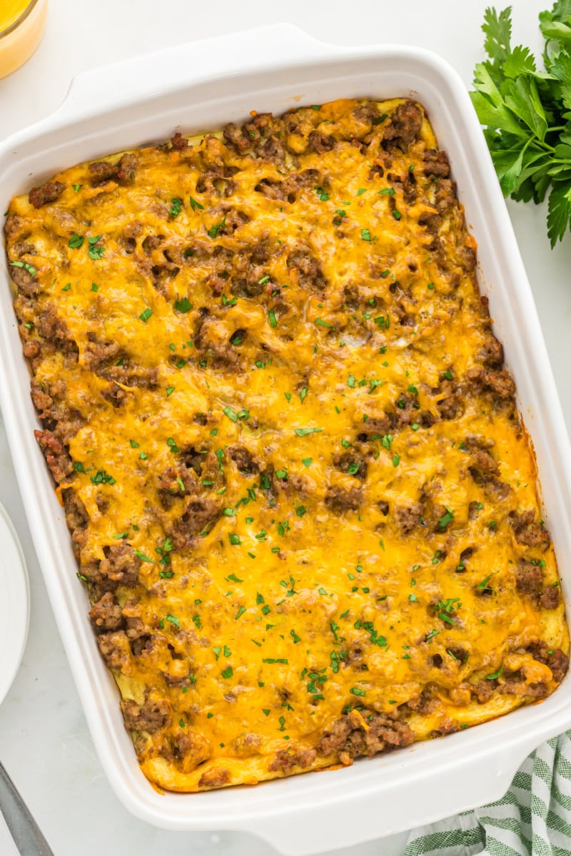 easy sausage breakfast casserole in a casserole dish