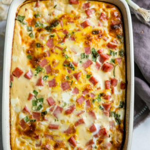 Overhead shot of Farmer's Casserole in a white casserole dish